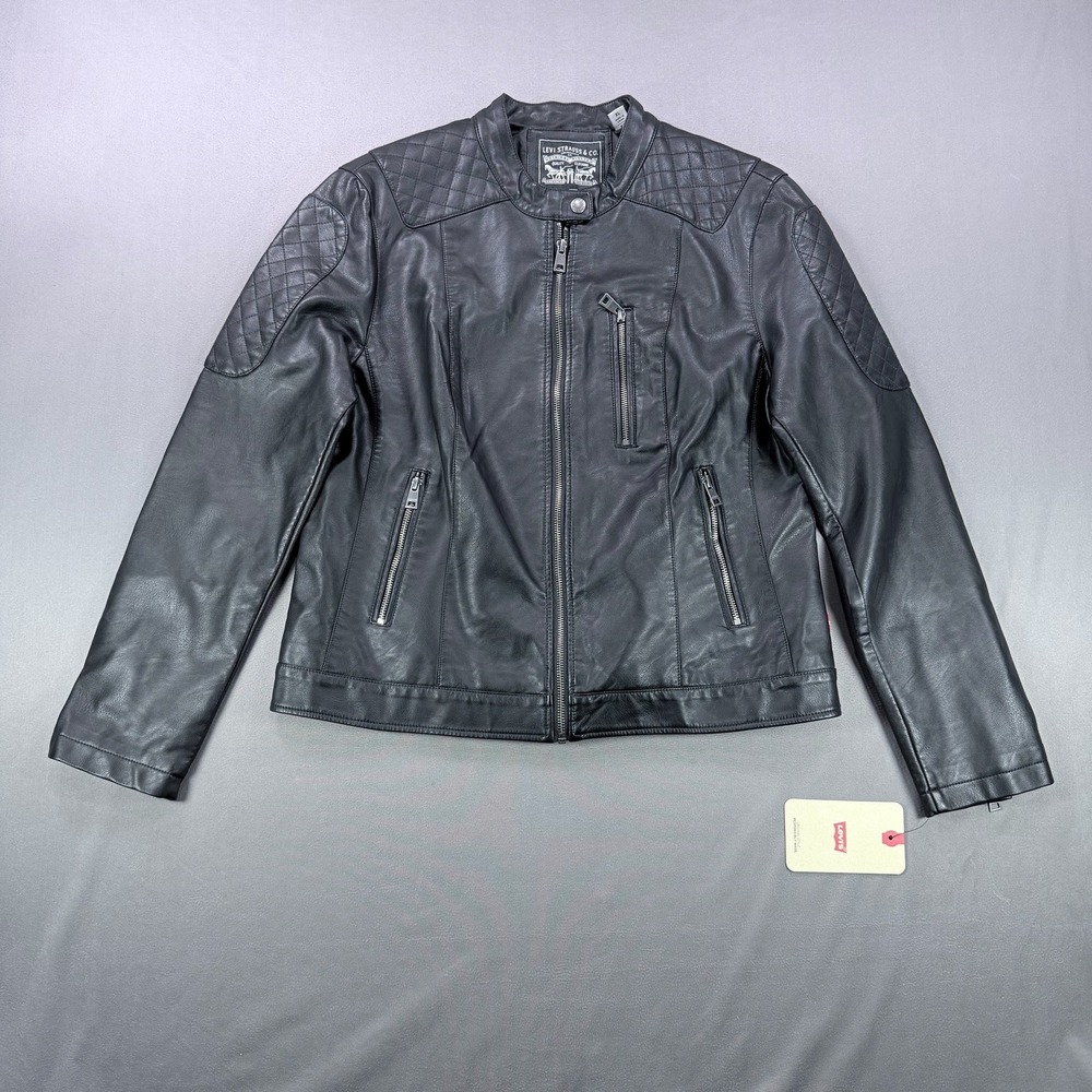 Levis Womens XL Black Faux Leather Quilted Moto Cafe Racer Jacket Zip Pocket NWT